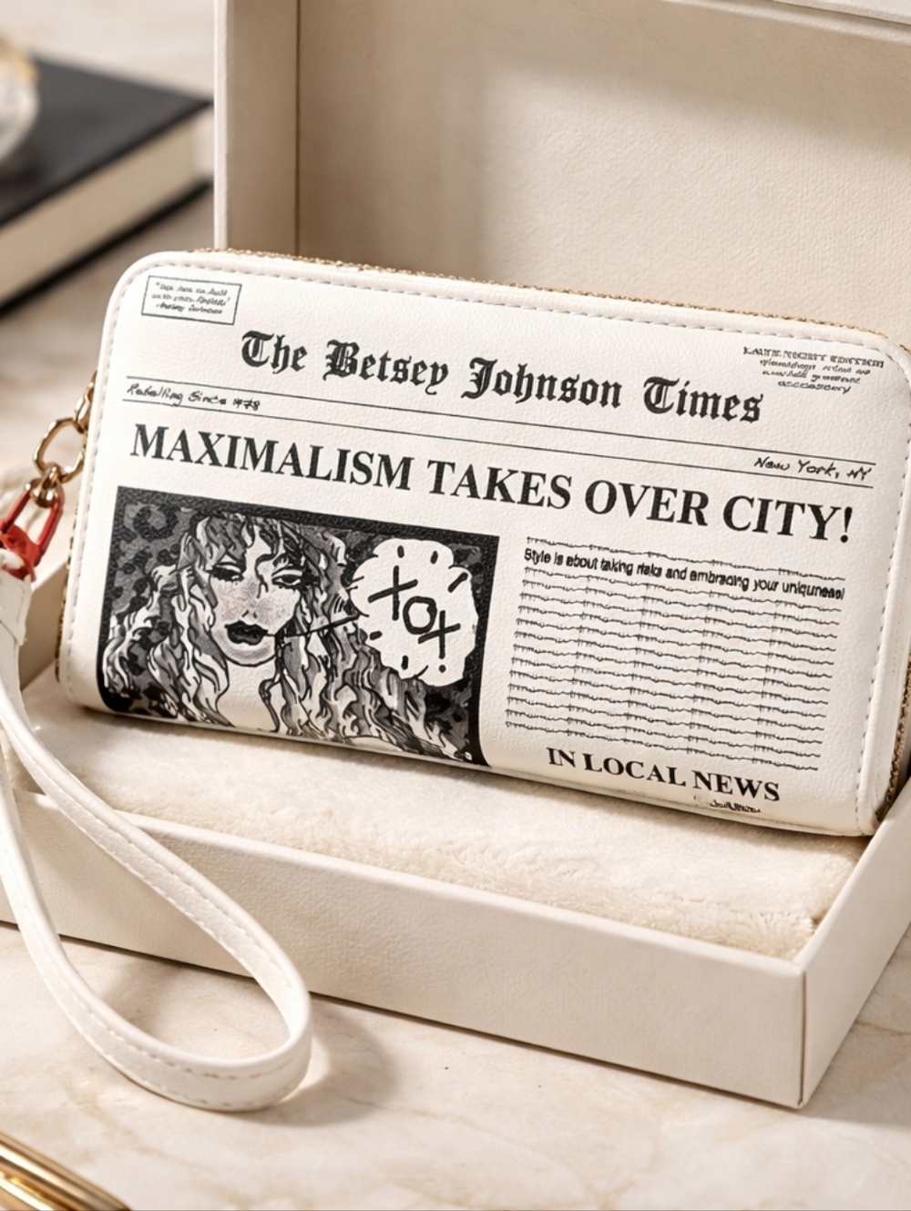 Betsey Johnson White Newspaper Print Clutch Wristlet NWT
